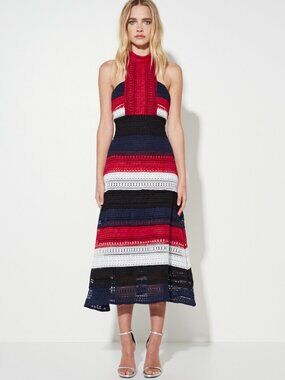 MOSSMAN Patriot Lace A-Line Midi Dress Red Navy Stripes Print Size US 2
